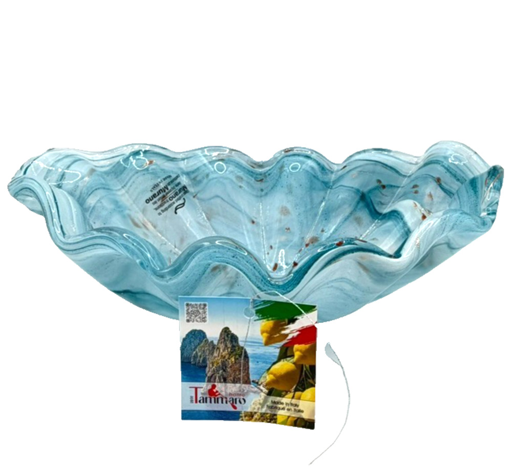 Murano Style Art Deco Clam Shell Bowl 11” Made In Italy Teal Blue /Gold Swirl